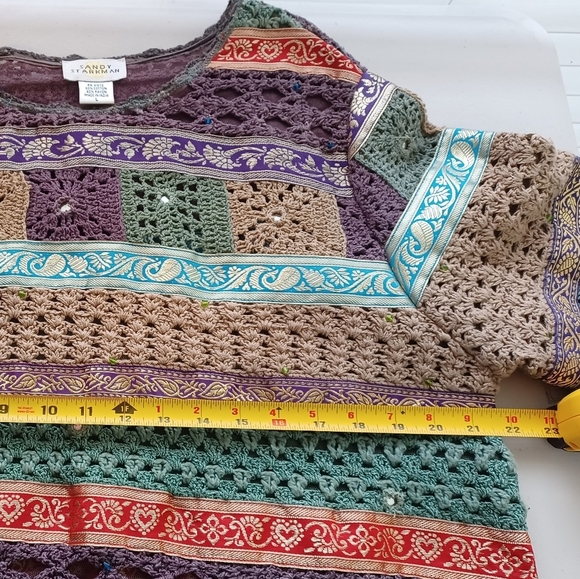 Vintage 90's Boho Patchwork Beaded Accents Sz L Relaxed Artisan Crochet Sweater - Picture 9 of 12